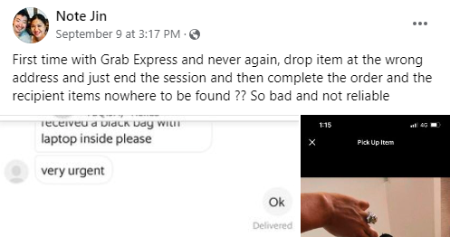 Facebook post about grab delivery complaint